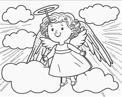 Színező egy göndör hajú, glóriás angyalkával, aki a felhők között lebeg